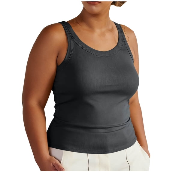 yillto Women Plus Size Tank with Bra Sleeveless Ribbed Tops Casual Camisole Basic Undershirts L-5XL