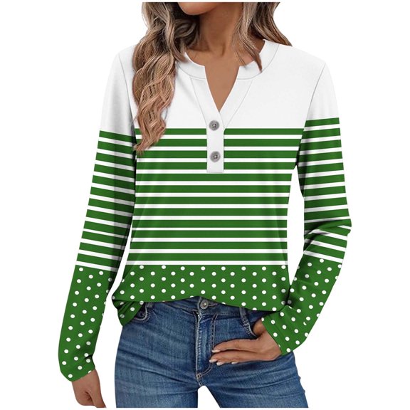 yillto Women Plus Size Top V Neck Striped Long Sleeve Tunic Blouse Basic Shirts Casual Business Loose Tee