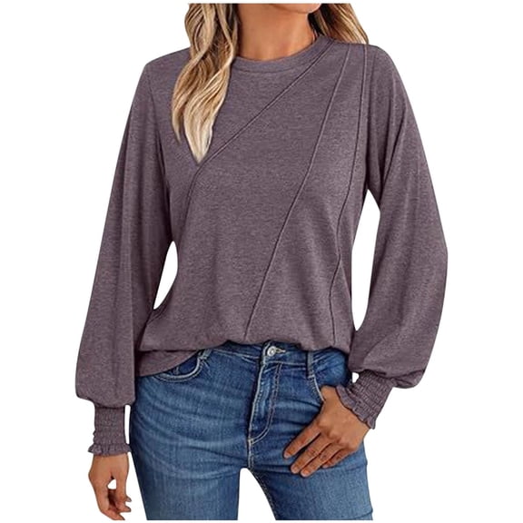 yillto Women Puff Long Sleeve Blouse Fall Fashion Tunic Top Solid Color Casual Crew Neck Loose Shirts