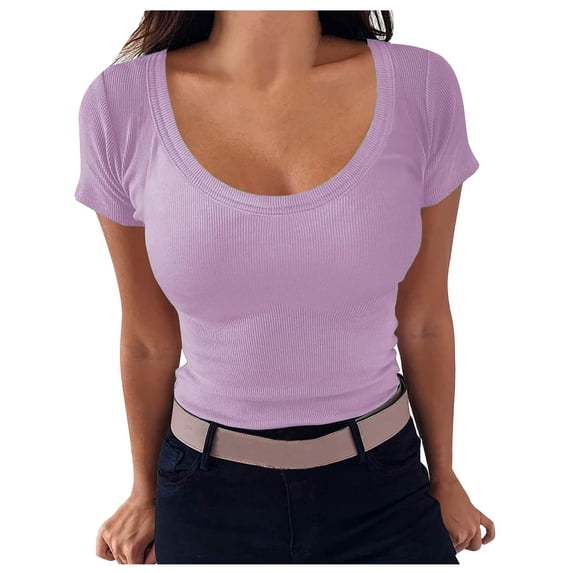 yillto Women Ribbed Shirts Scoop Neck Short Sleeve Tees Lightweight Knit Summer Fashion Slim Basic Tshirts
