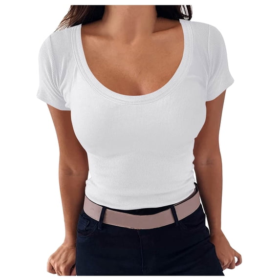 yillto Women Ribbed Shirts Scoop Neck Short Sleeve Tees Lightweight Knit Summer Fashion Slim Basic Tshirts