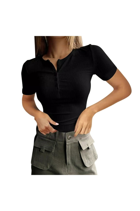 Women Ribbed Tight Tee Short Sleeve Slim Undershirts Basic Summer Solid Color Knitted Tops