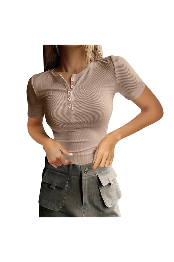 Women Ribbed Tight Tee Short Sleeve Slim Undershirts Basic Summer Solid Color Knitted Tops