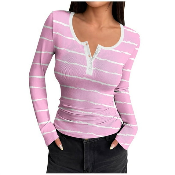yillto Women Ribbed Top Long Sleeve Tight Tee V Neck Buttons Slim Shirts Knit Slim Causal Basic Tops