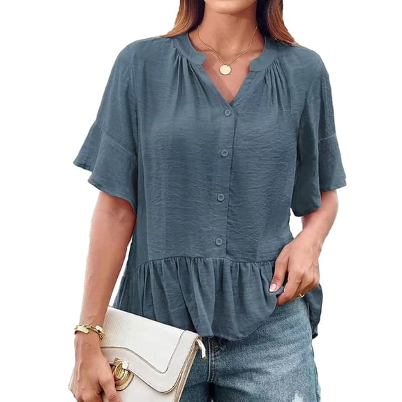 yillto Women Ruffle Short Sleeve Blouse Flowy V Neck Cute Solid Color Summer Tops Tunic Fashion Clothes