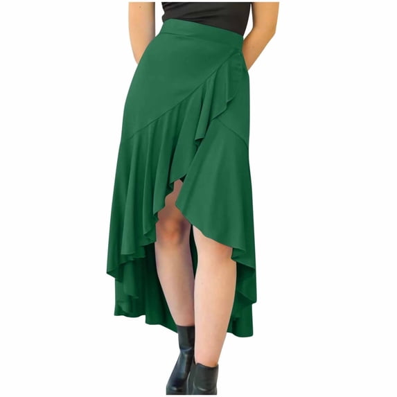 yillto Women Ruffle Wrap Skirts High Waist Boho Asymmetrical Hem Flowy Loose Summer Midi Beach Skirt