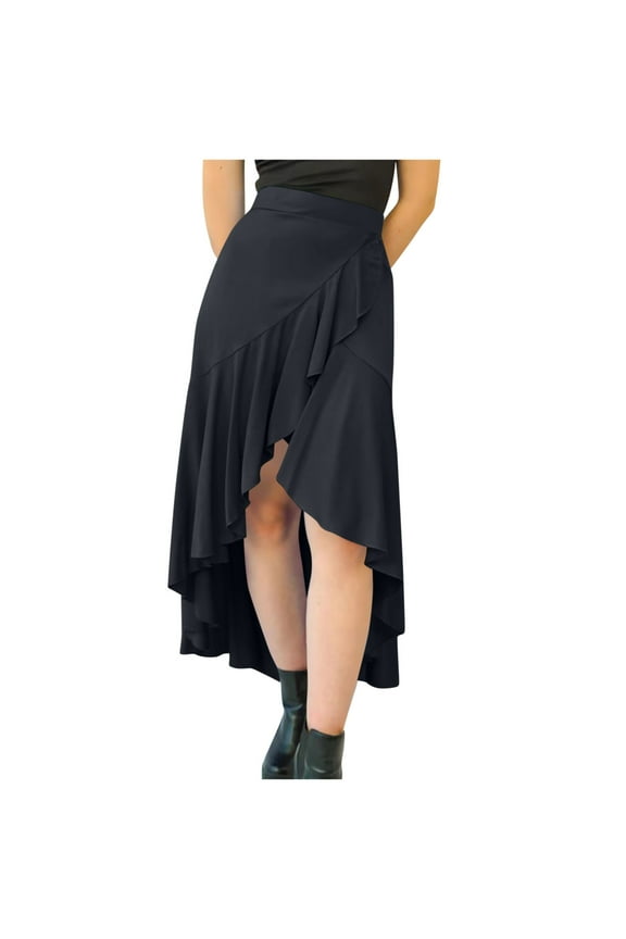 Women Ruffle Wrap Skirts High Waist Boho Asymmetrical Hem Flowy Loose Summer Midi Beach Skirt