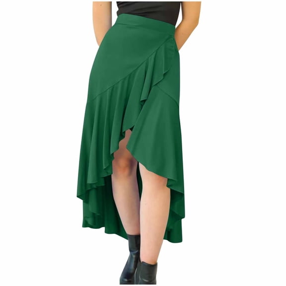 yillto Women Ruffle Wrap Skirts High Waist Boho Asymmetrical Hem Flowy Loose Summer Midi Beach Skirt