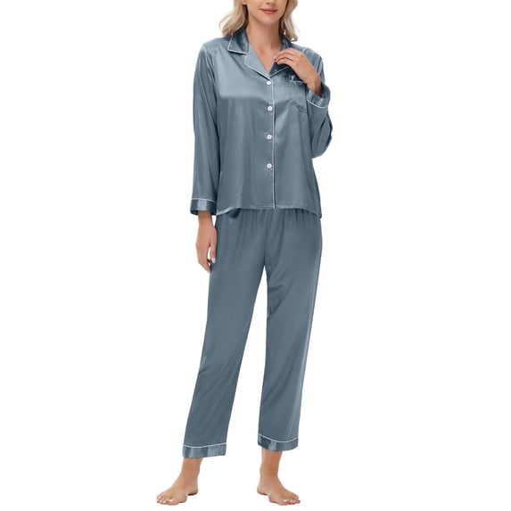 yillto Women Satin Pajamas Long Sleeve Silky Tops Button down Sleepwear and Loungewear Pants 2 Piece Pjs
