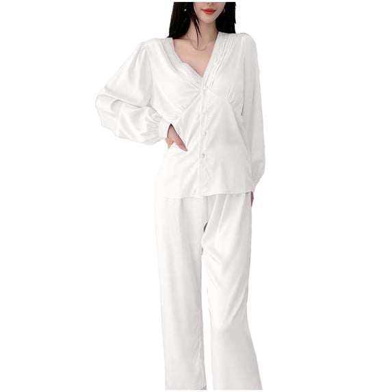 yillto Women Satin Pajamas Set Silky Long Sleeve Tops and Loose Sleepwear Pants Lounge Pjs Outfits