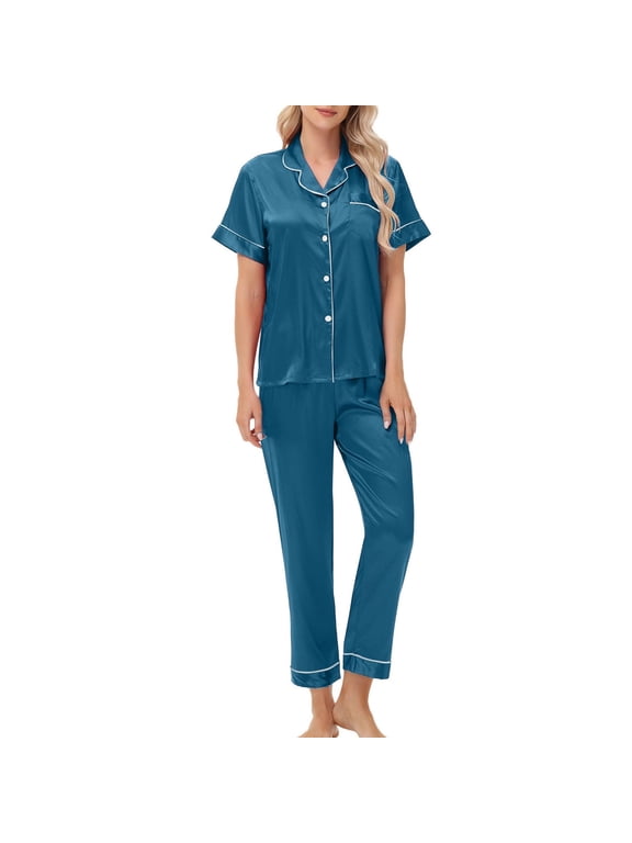Women Satin Pajamas Short Sleeve Silky Tops Button down Sleepwear and Loungewear Pants 2 Piece Pjs