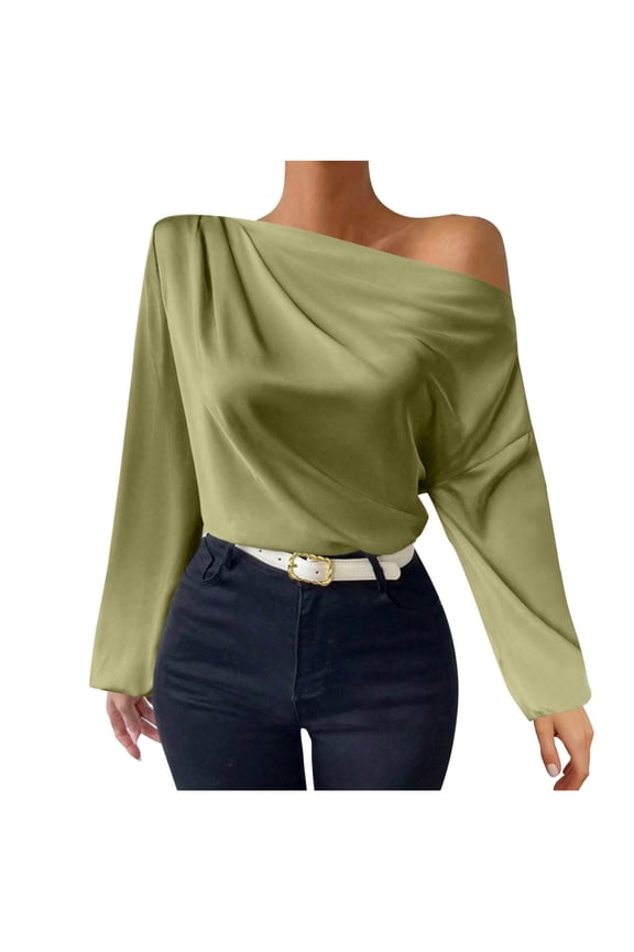 Women Satin off Shoulder Top Long Sleeve Dressy Shirts Loose Casual Oversized Shirt Blouses