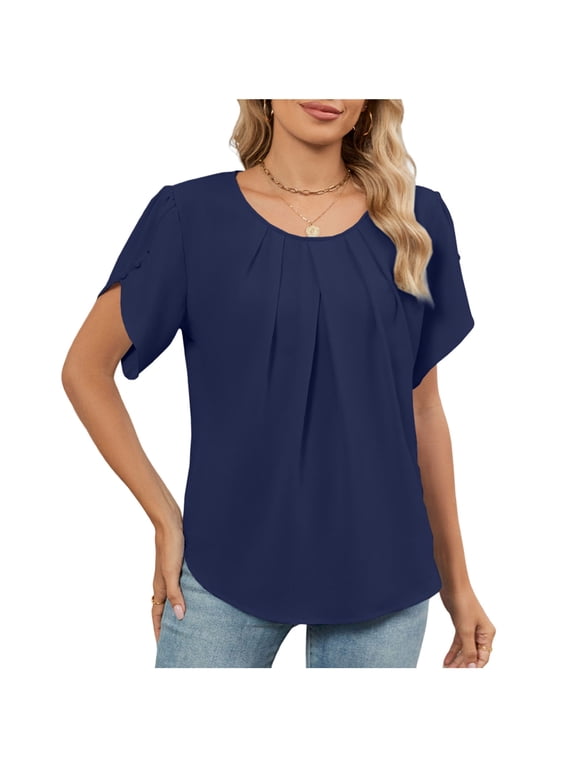 Women Short Sleeve Blouse Crewneck Pleated Business Casual Tops Summer Work Office Dressy Shirts