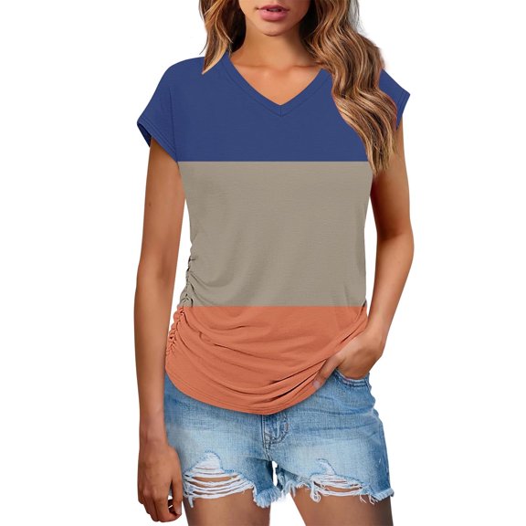 yillto Women Short Sleeve Blouse Ruched Tunic Shirts Summer Trendy Loose Color Block Casual Tops