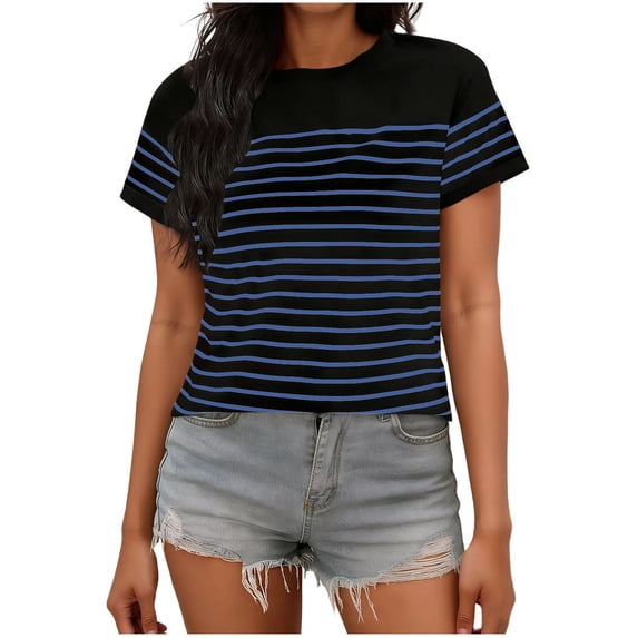 yillto Women Short Sleeve Tops Crewneck Striped Basic Tee Shirts Summer Tshirt Casual Fashion Outfits