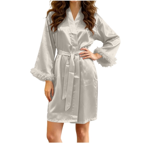 yillto Women Silk Robe Sleepwear Ruffled Long Sleeve Elegant Fashion Satin Comfy Night Dress with Belt