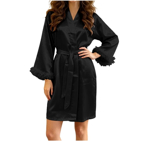 yillto Women Silk Robe Sleepwear Ruffled Long Sleeve Elegant Fashion Satin Comfy Night Dress with Belt
