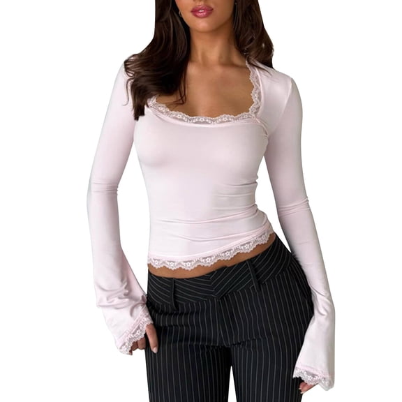 yillto Women Square Neck Top Lace Long Sleeve Slim Shirt Casual Fall Going out Trendy Shirts Undershirt