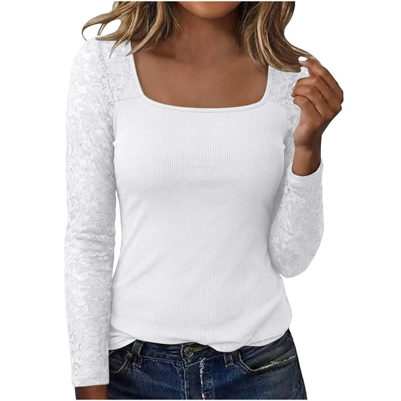 yillto Women Square Neck Top Lace Long Sleeve Slim Shirt Casual Fall Going out Trendy Shirts Undershirt