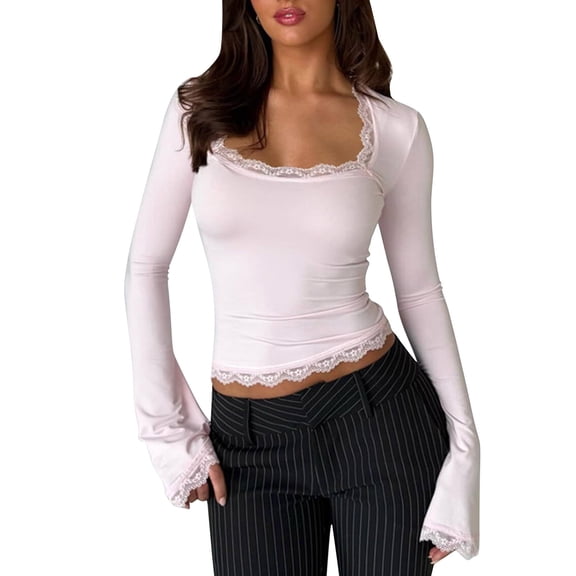 yillto Women Square Neck Top Lace Long Sleeve Slim Shirt Casual Fall Going out Trendy Shirts Undershirt