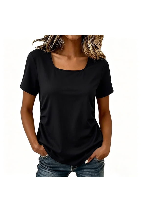 Women Square Neck Top Short Sleeve Ribbed Lightweight Knit Summer Shirts Basic Loose Casual Tees