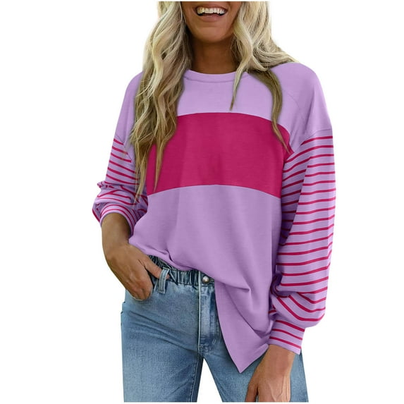 yillto Women Striped Shirts Long Sleeve Crewneck Casual Loose Oversized Lightweight Color Block Shirt