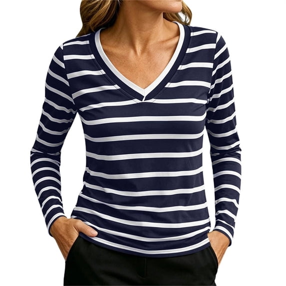 yillto Women Striped Shirts V Neck Long Sleeve Tops Casual Stretch Basic Tee Going out Top Clothes