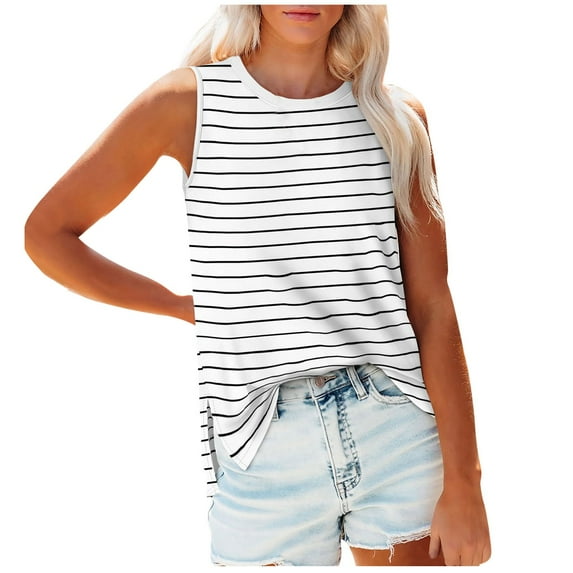 yillto Women Striped Tank Tops Sleeveless Crewneck Causal Loose Basic Outfits Side Split Summer Tee Shirts