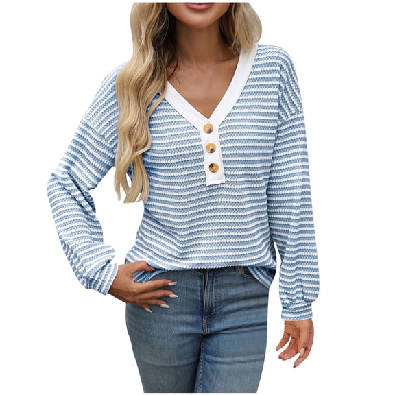 yillto Women Striped Top Ribbed V Neck Button Long Sleeve Textured Blouse Loose Casual Pullover Shirts