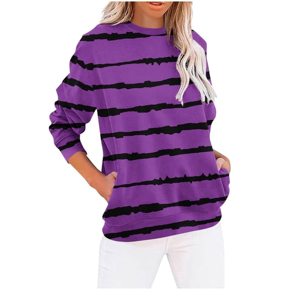 yillto Women Striped Top with Pockets Long Sleeve Crewneck Baggy Pullover Casual Shirts Fall Loose Sweatshirt