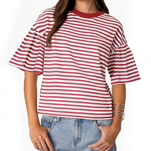 yillto Women Striped Tops Ruffle Sleeve Casual Basic T Shirts Crewneck Short Sleeve Summer Shirt Outfits