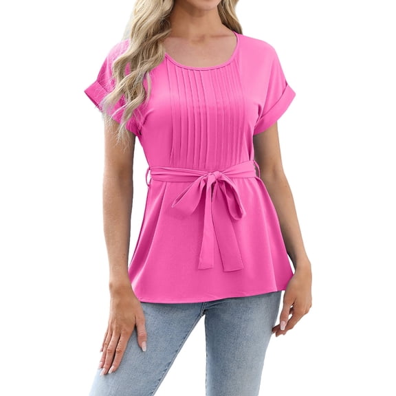 yillto Women Summer Tops Short Sleeve Crew Neck Pleated Tunic Blouse with Belt Fashion Work Office Shirt