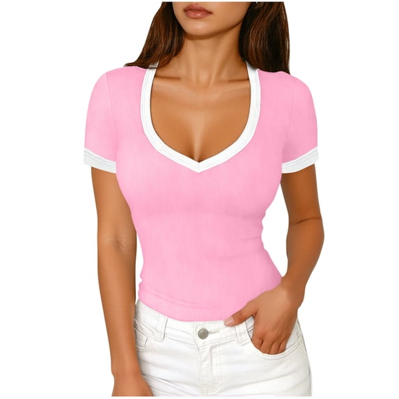 yillto Women Summer Tops Tight Short Sleeve V Neck Shirts Ribbed Tshirts Slim Spring Fashion Going out Basic Tees