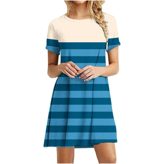 yillto Women Summer Tshirt Dress Casual Striped Short Sleeve Crew Neck Knee Length Loose Comfy Dresses