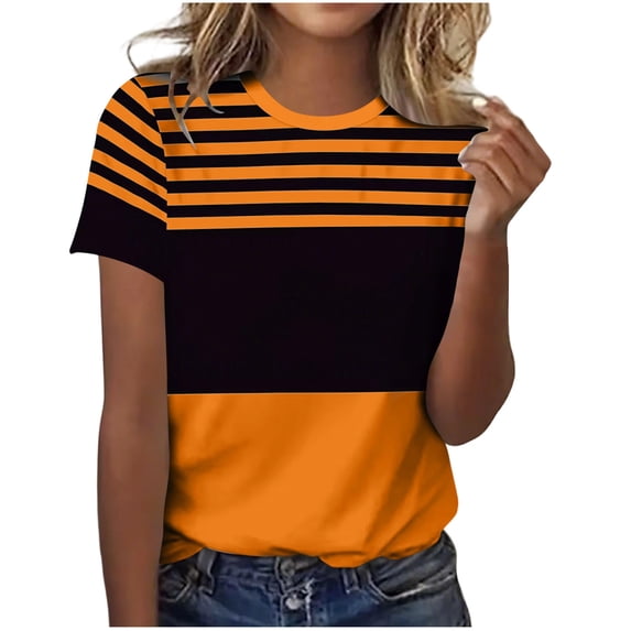 yillto Women Summer Tshirts Striped Short Sleeve Tee Tops Round Neck Casual Dressy Tunic Blouse Outfits