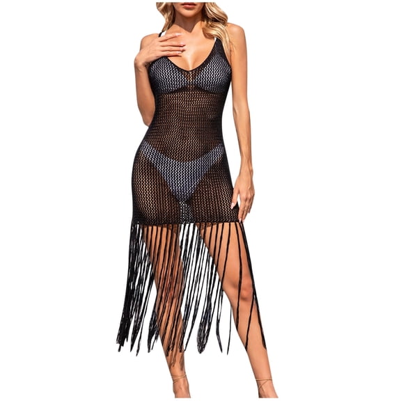 yillto Women Tank Dress Sleeveless Spaghetti Strap Fringe Beachwear Tunic Long Dresses Crochet Coverups