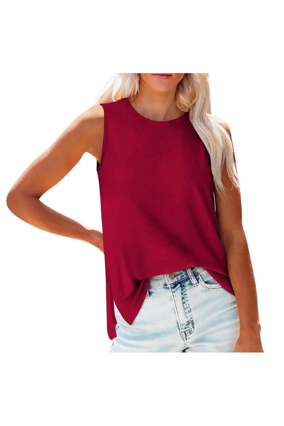 Women Tank Tops Sleeveless Crewneck Causal Loose Basic Outfits Side Split Summer Tee Shirts