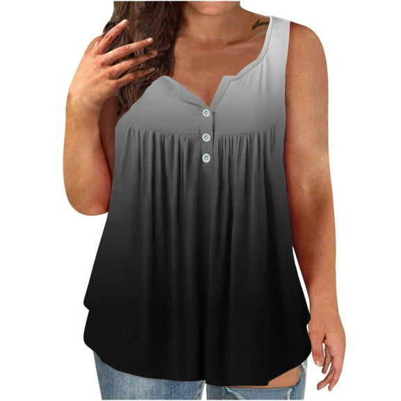 yillto Women Tank V Neck Buttons Pleated Sleeveless Gradient Blouse Causal Flowy Summer Tee Tops