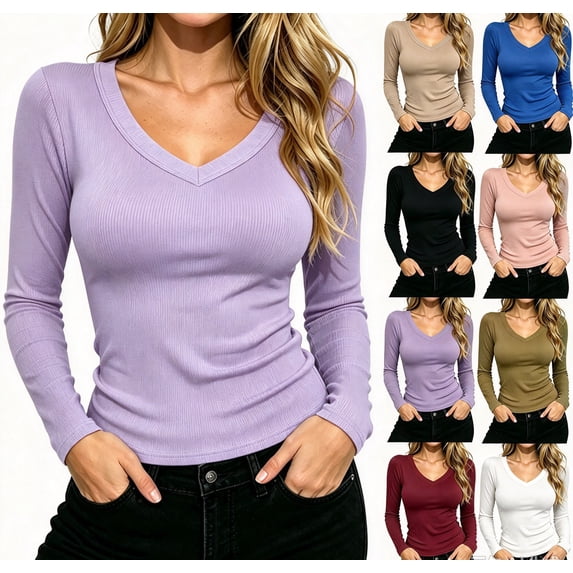 yillto Women Tight Shirts Long Sleeve Ribbed Tops Soft Stretch V Neck Basic Shirt Fall Fashion Undershirts