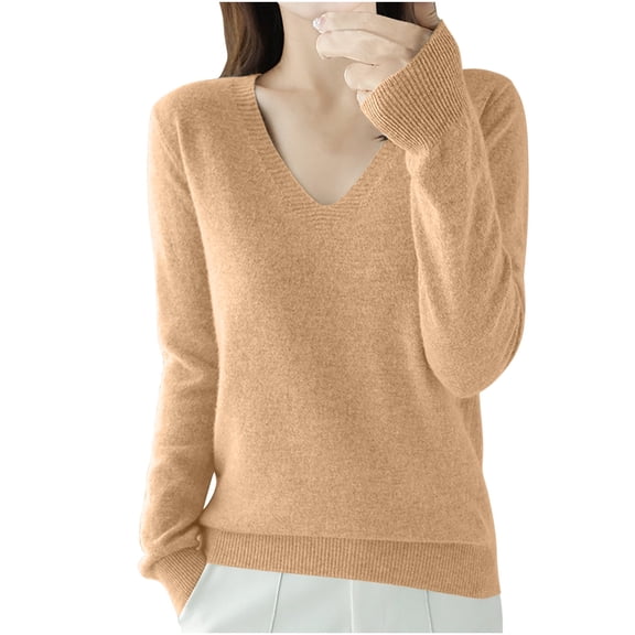 yillto Women Tops Knit Lightweight Sweaters Long Sleeve V Neck Pullover Solid Color Loose Tunic Top