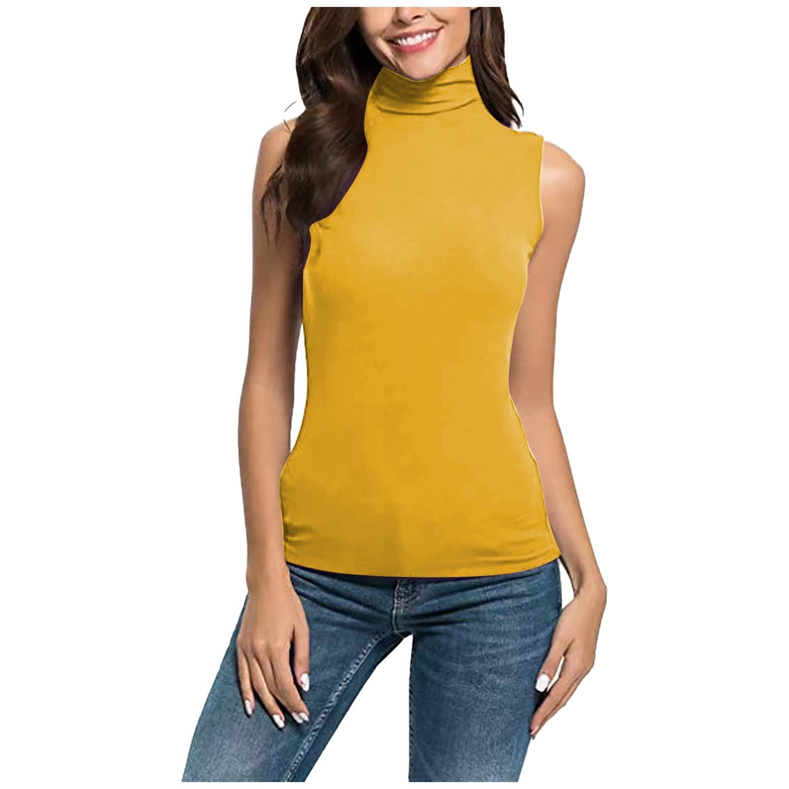 yillto Women Turtleneck Tops Sleeveless Slim Fitting Stretchy Mock Neck ...