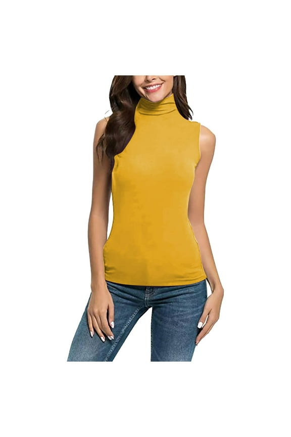 Women Turtleneck Tops Sleeveless Slim Fitting Stretchy Mock Neck Base Layer Solid Color Vest Shirts