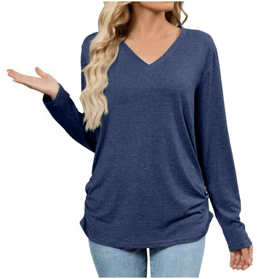 yillto Women V Neck Blouse Long Sleeve Tunic Top Casual Business Plain Shirts Fall Fashion Office Clothes