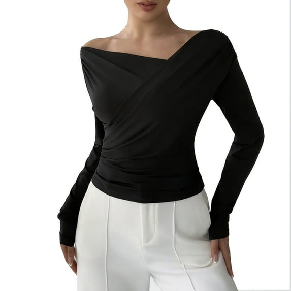 yillto Women V Neck Wrap Blouse Long Sleeve Ruched Crop Tops Going out Slim Fashion Tight Shirts