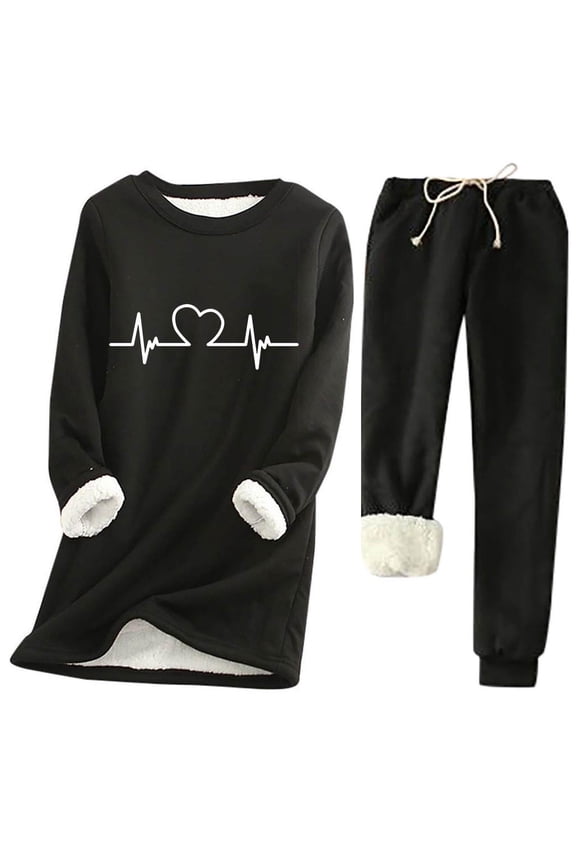 Women Valentine Fleece Pajama Sets Fuzzy Sherp Lined Pullover Tops and Thick Warm Loungewear Pants