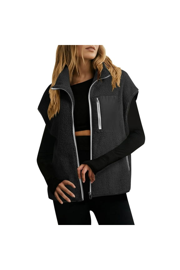 Women Vest Jackets Zip up Fleece Plush Sleeveless Coat Cardigan Winter Warm Fuzzy Jacket