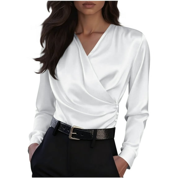 yillto Women Wrap V Neck Blouse Satin Silky Dressy Tops Spring Work Fashion Office Long Sleeve Outfits