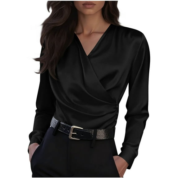 yillto Women Wrap V Neck Blouse Satin Silky Dressy Tops Spring Work Fashion Office Long Sleeve Outfits