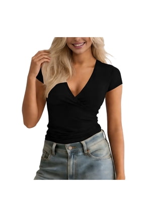 Women Wrap V Neck Shirts Short Sleeve Basic Slim Tee Summer Tunic Tshirt Solid Color Soft Blouse