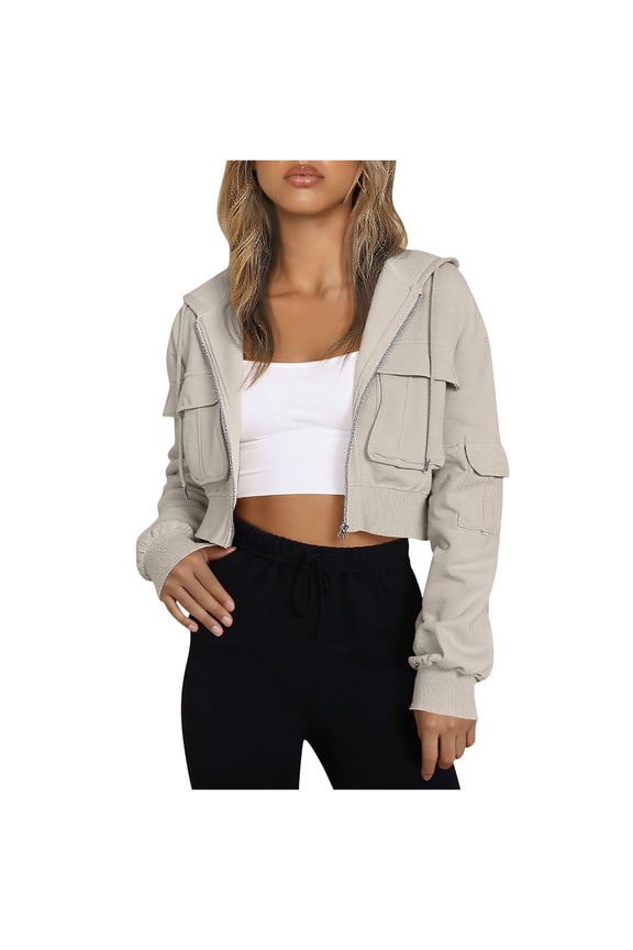 Women Zip up Coat Cropp Hoodie Long Sleeve Jackets Fashion Fall Sweatshirt Cargo Coats with Pockets